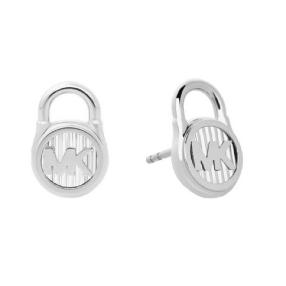 Michael Kors stud earrings Silver Logo pad Lock steel shiny luxe designer dainty